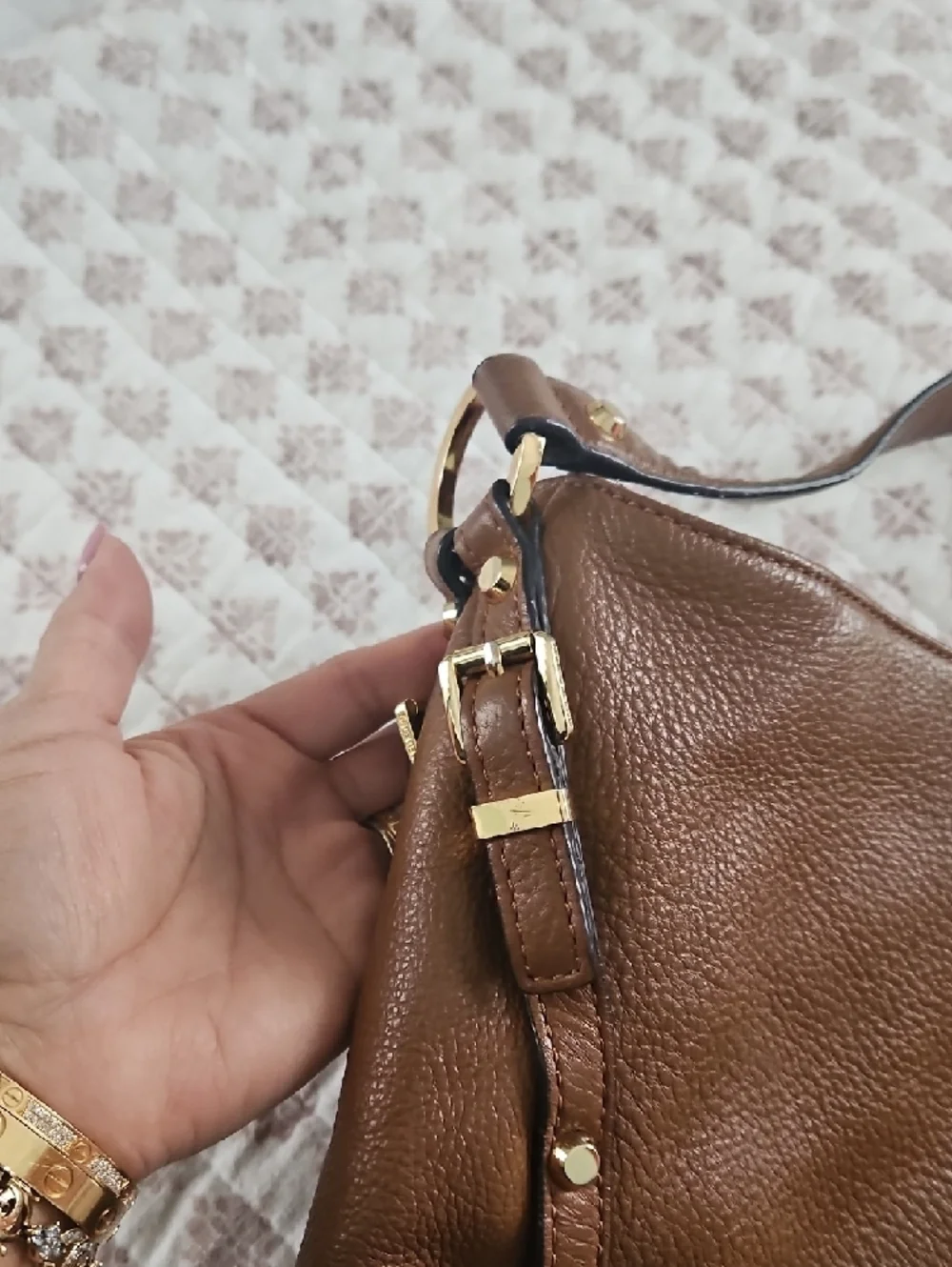 Michael Kors Cognac Pebbled Leather Hobo with Gold Logo Charm - Picture 8 of 14